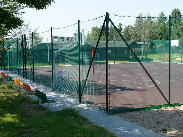 Ogrodzone boisko sportowe z siatką ochronną i koszem do koszykówki w tle
