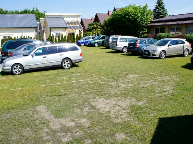 Trawnik pełniący funkcję parkingu z kilkoma samochodami zaparkowanymi przy domkach