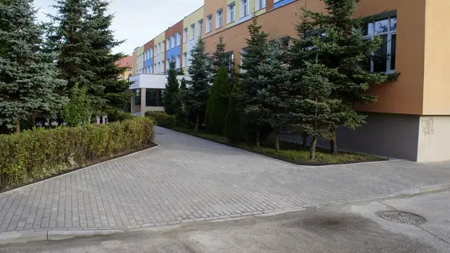 Chodnik z kostki brukowej prowadzący do wejścia budynku szkoły otoczony iglakami