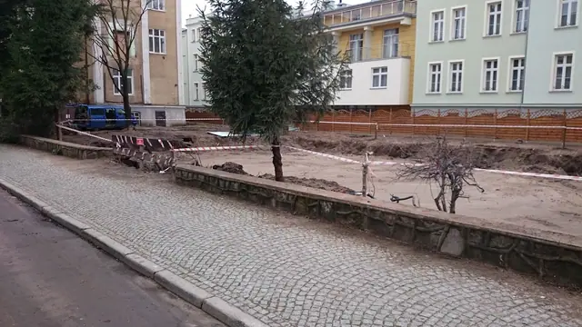 Uporządkowany plac po rozbiórce z fragmentem bruku i pojedynczym drzewem