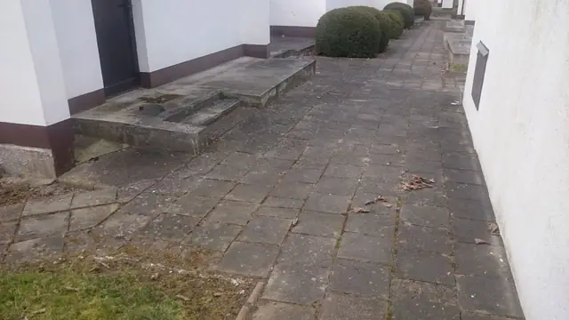 Stary chodnik z kostki przy wejściu do budynku ośrodka wypoczynkowego w Sianożętach, obok żywopłot