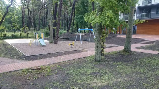 Drewniany domek do zabawy i huśtawki na placu zabaw otoczonym sosnowym lasem