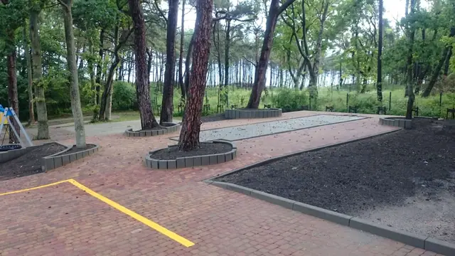 Wybrukowany parking z żółtą linią i rabatą ziemną, w tle widać morze przez sosny