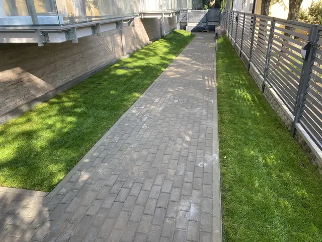 Chodnik z kostki brukowej między zielonym trawnikiem a murem oporowym budynku