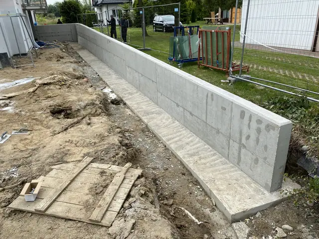 Gotowy betonowy mur oporowy wzdłuż trawnika przy ogrodzeniu z siatki